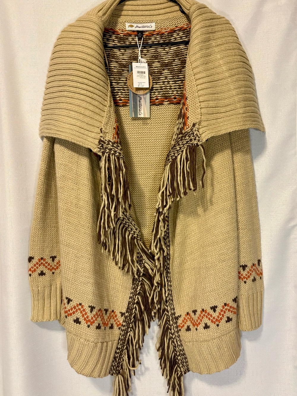 Montana Co Cream Fringe Cascade Cardigan with Orange & Brown Accents